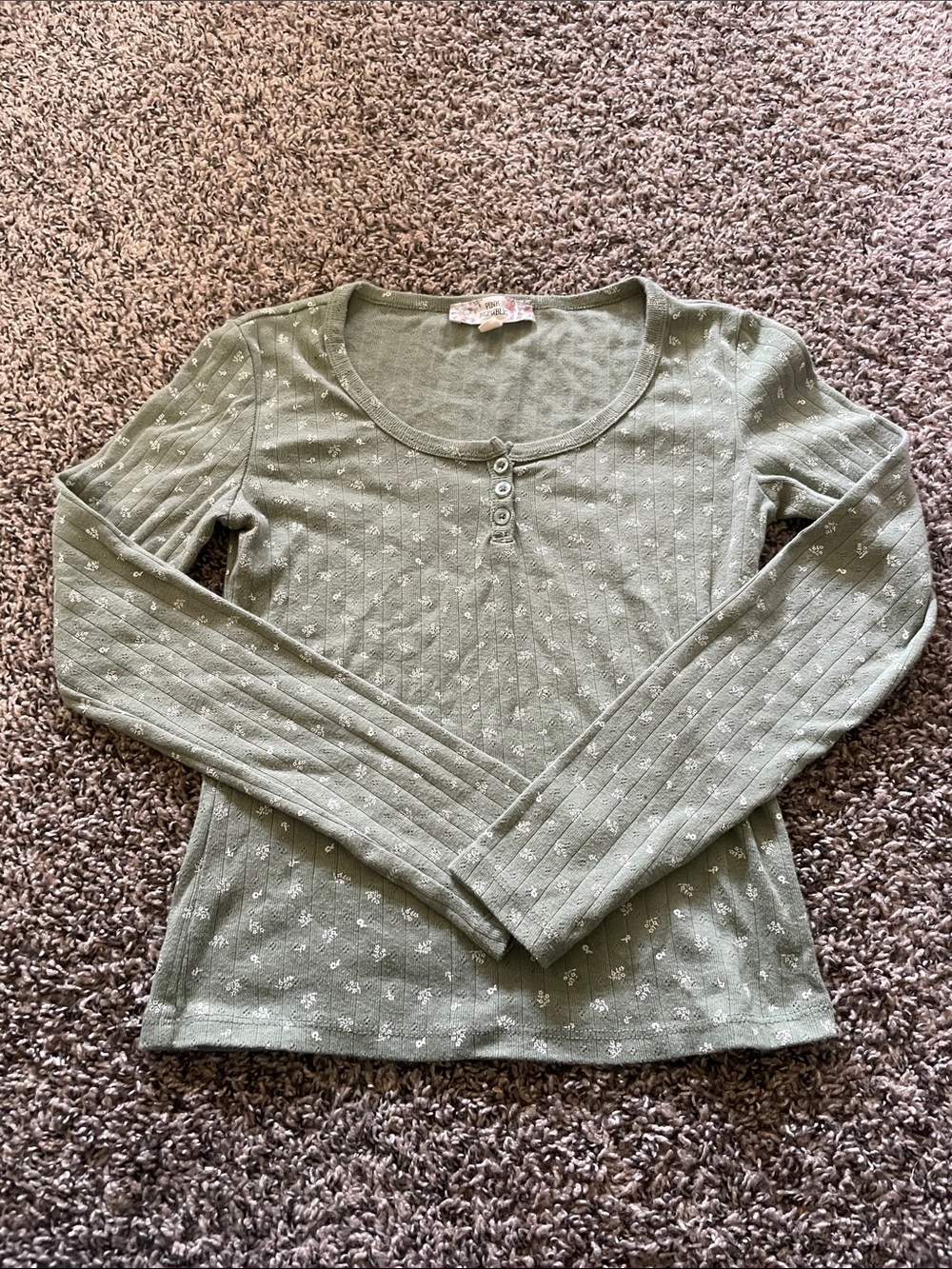 Pink Republic Sage Green Floral Ribbed Henley Long Sleeve Top